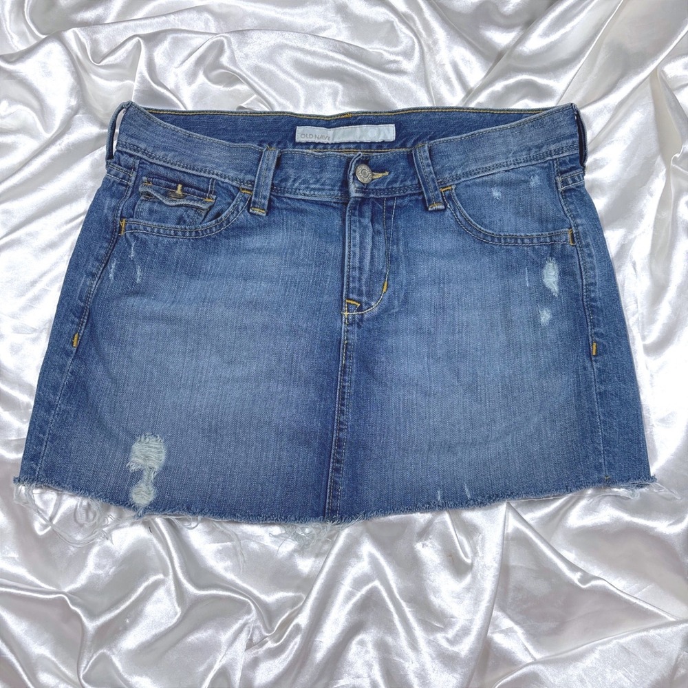y2k Denim Mini Skirt Blue Excellent Distressed Raw Hem Old Navy 4